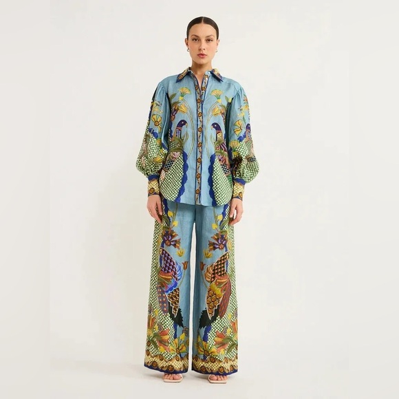 Colorful Peacock Print Matching Set | Button Shirt & Wide Leg Pants | Size Large - Picture 3 of 7